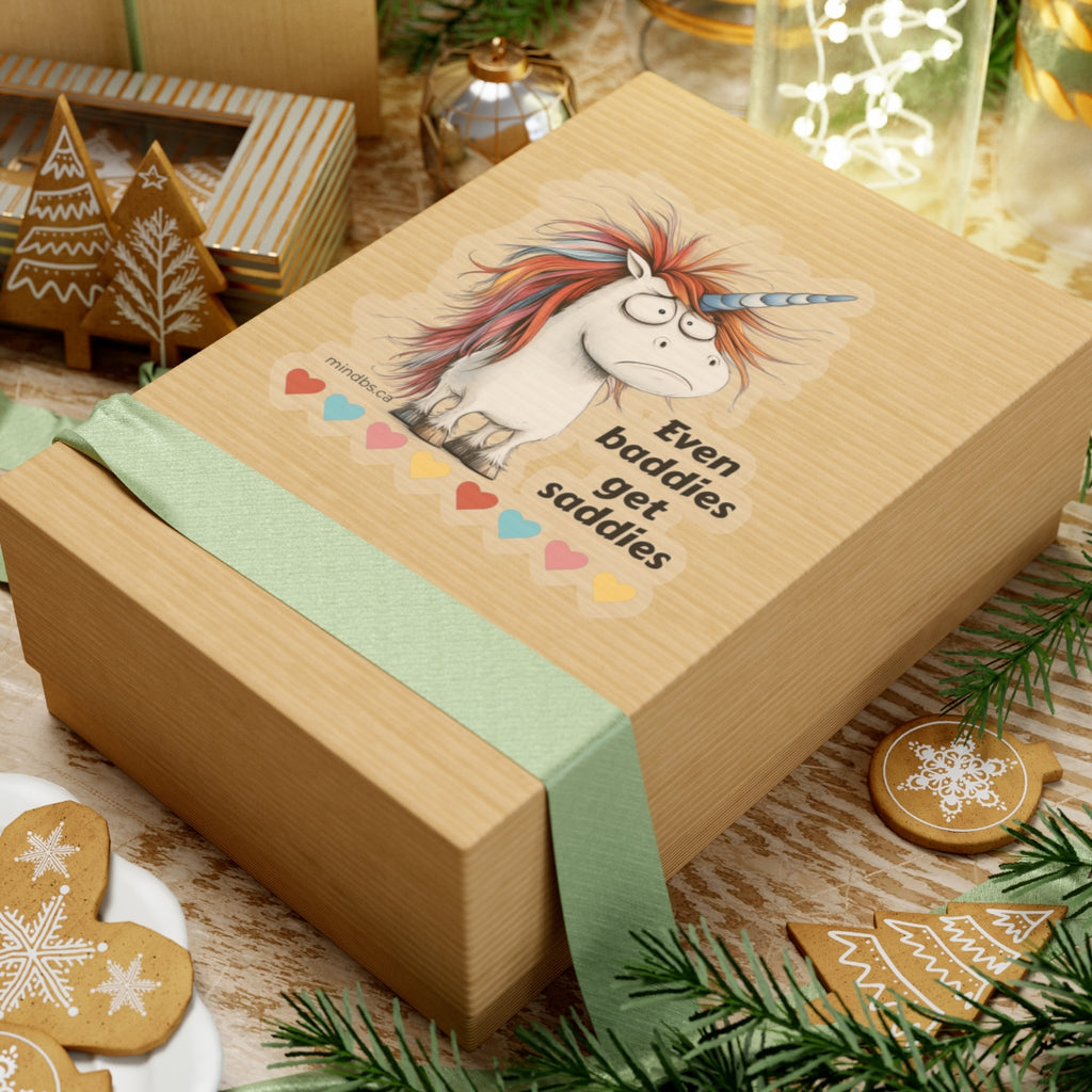 Even Baddies get Saddies, Whimsical Unicorn Kiss-Cut Stickers, Fun Laptop Decal, Gift for Kids, Positive Vibes, Party Favors, Sticker Collection